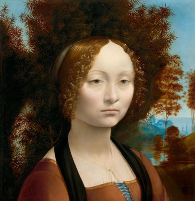 Leonardo da Vinci’s Ginevra de' Benci, showcasing the serene expression and delicate features of the subject, with an intricate background symbolizing her name and virtue.