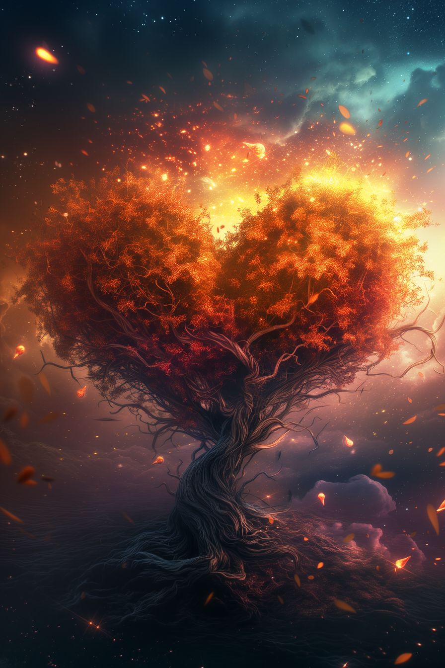 "The Illuminated Tree" - A captivating art piece depicting a heart-shaped tree glowing with radiant light. This artwork symbolizes love and hope, blending vibrant colors and cosmic elements to create a magical atmosphere.