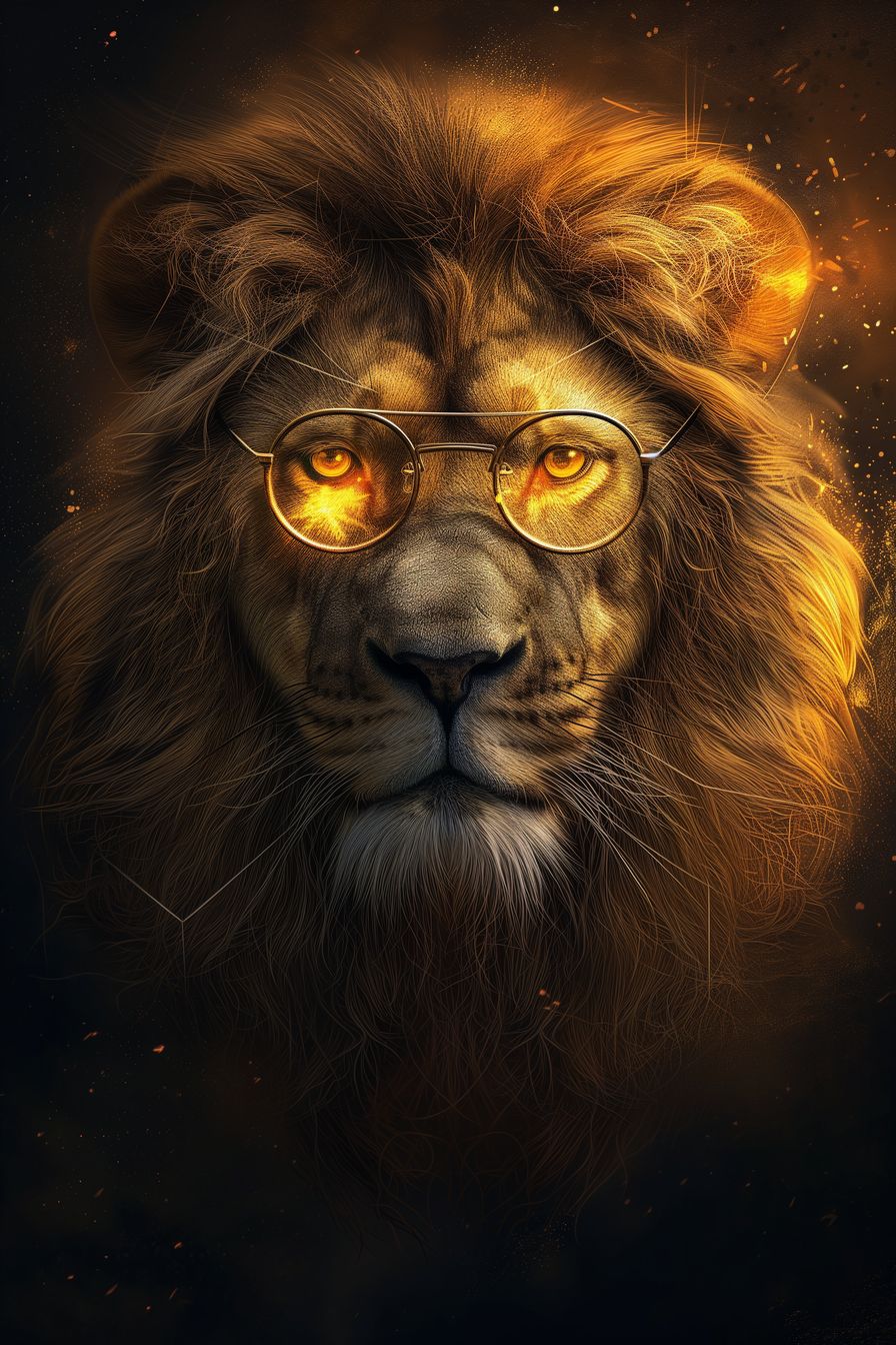 "Majestic Radiance" - A stunning digital artwork depicting a majestic lion with glowing eyes and glasses. The piece captures the regal essence of the lion, blending strength and intelligence in a captivating visual.