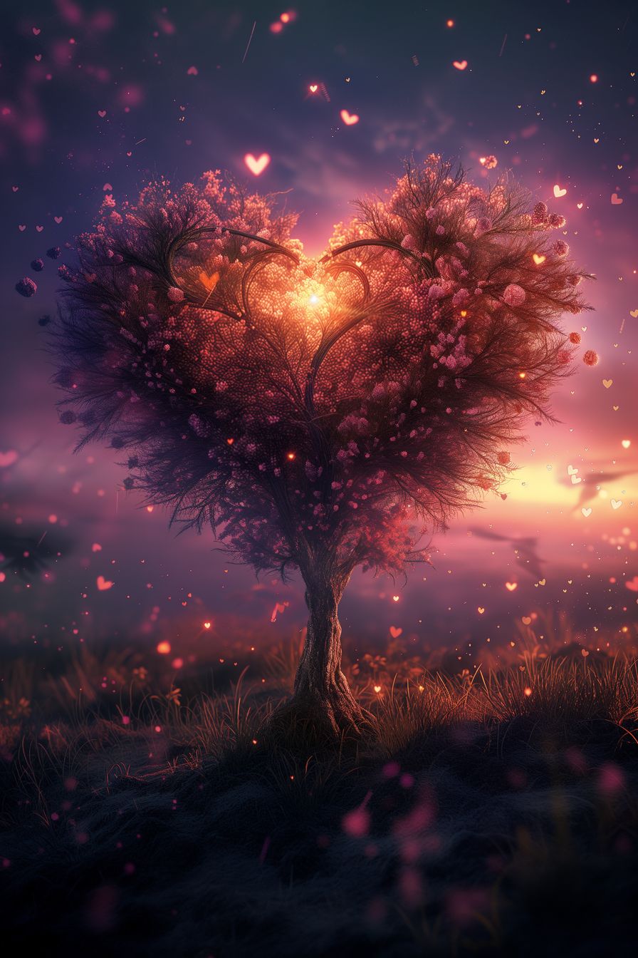 "Ephemeral Embrace" - A captivating art piece featuring a heart-shaped tree bathed in the warm glow of the setting sun. This artwork creates a dreamlike and romantic scene, perfect for adding tranquility to any space.