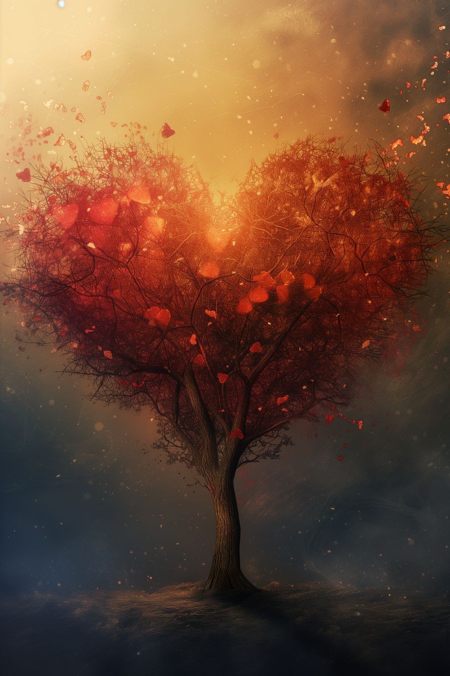 "The Radiant Embrace" - A captivating art piece featuring a heart-shaped tree bathed in the warm glow of the setting sun. This artwork creates a serene and romantic scene, perfect for adding tranquility to any space.