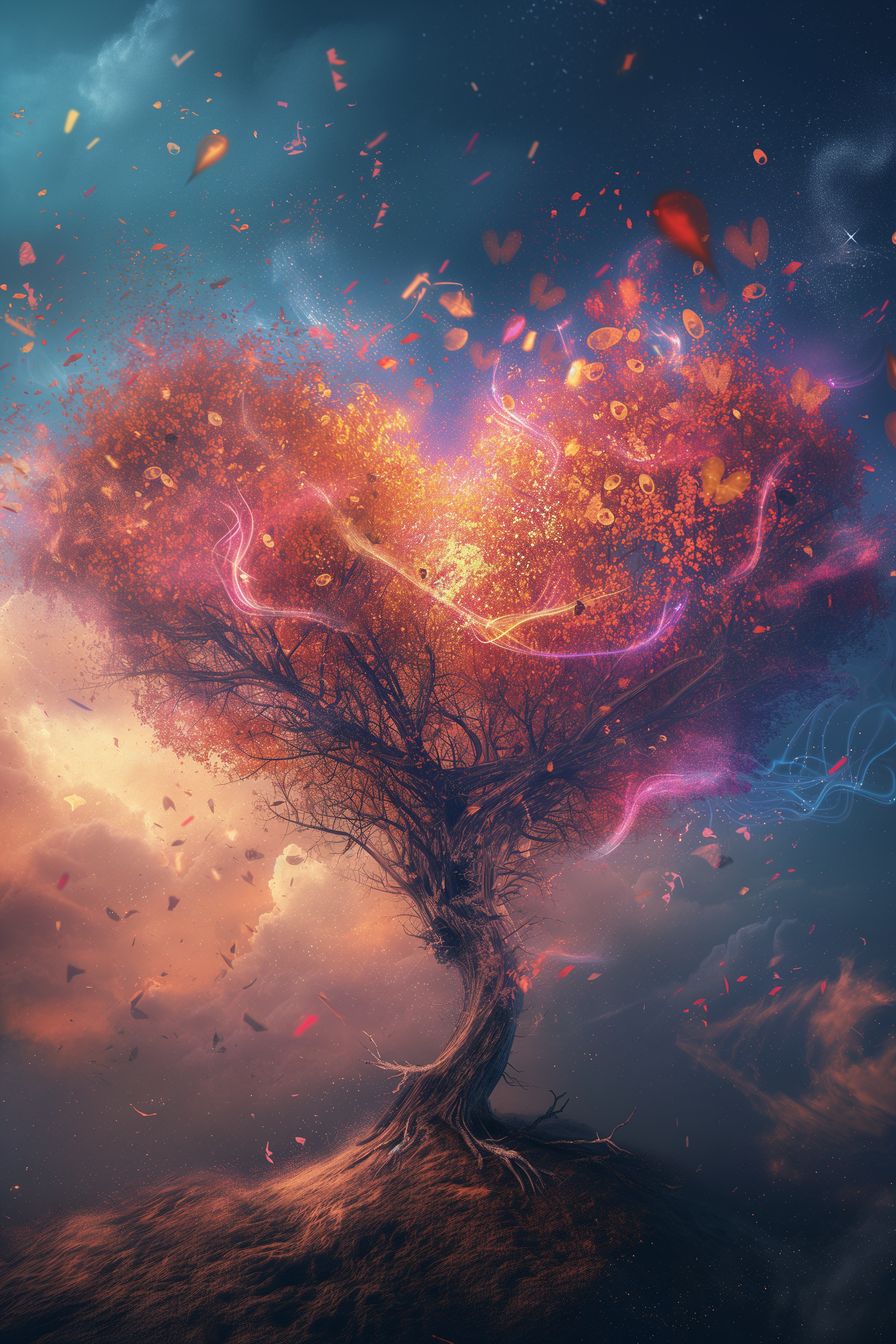 "Ethereal Blossom" - A captivating art piece featuring a heart-shaped tree bathed in ethereal light and swirling colors. This artwork creates a whimsical and enchanting atmosphere, perfect for adding magic to any space.