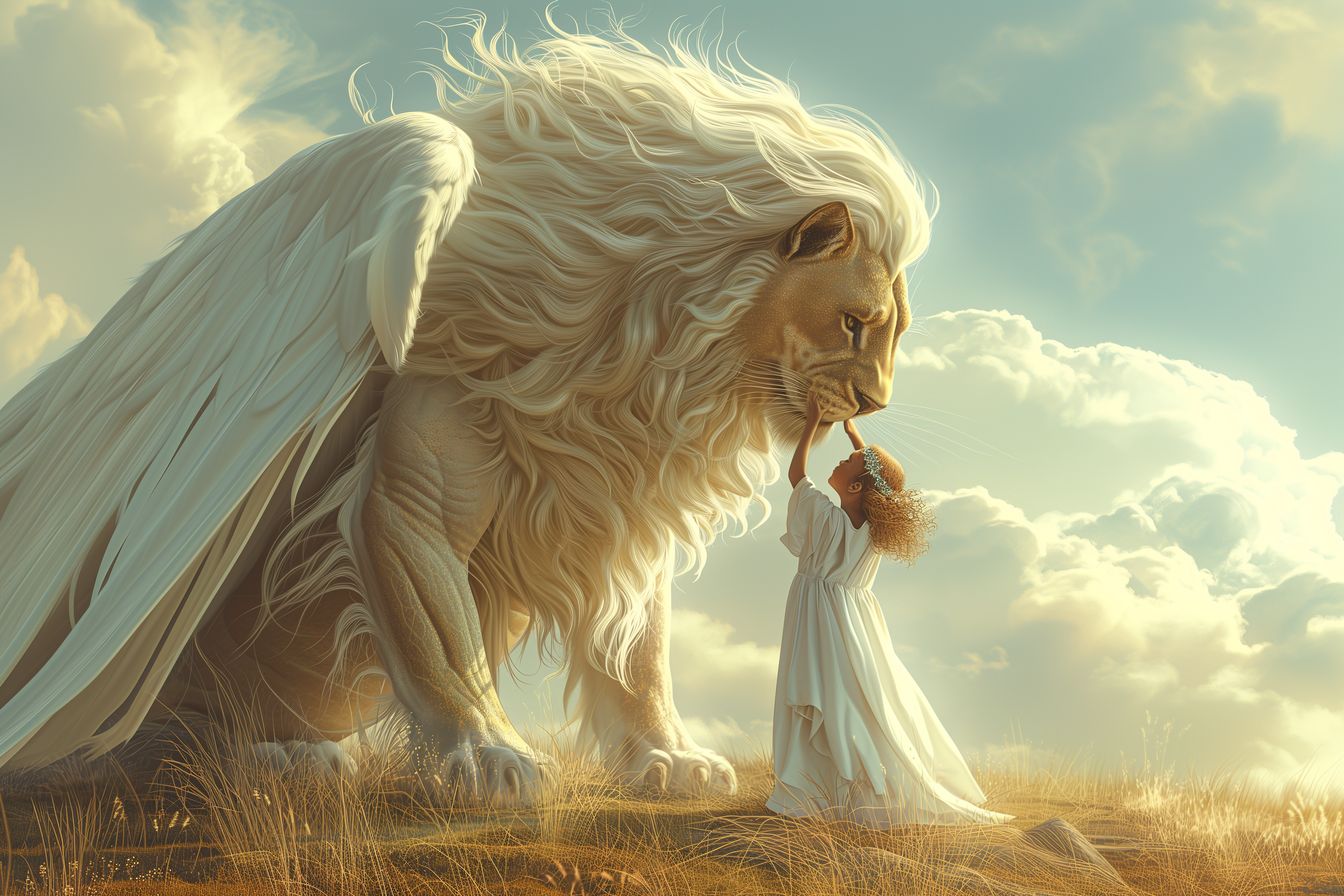 "Harmony of Spirits" - An enchanting digital artwork depicting a winged lion and a young girl sharing a magical connection. The piece captures the serene beauty of their bond in a glowing, ethereal landscape.