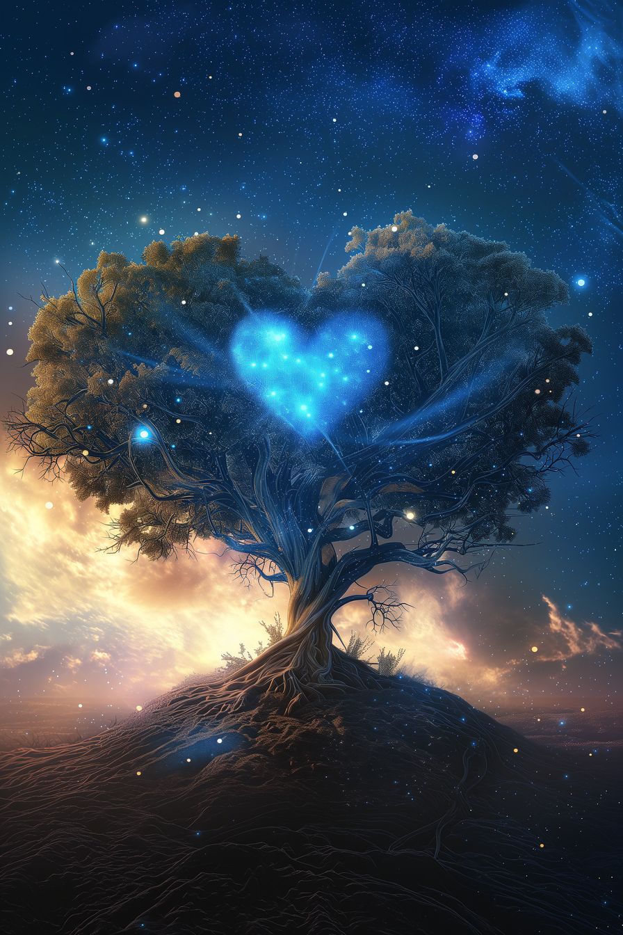 "Celestial Harmony" - A captivating art piece featuring a heart-shaped tree bathed in celestial light and a starry night sky. This artwork creates a serene and mystical scene, perfect for adding tranquility to any space.