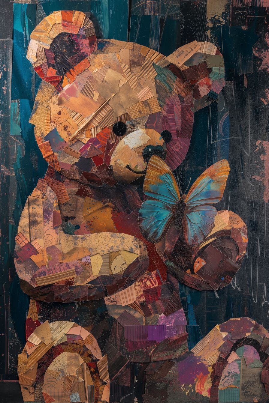  "Whispers of Innocence" - A captivating collage artwork featuring a charming teddy bear cradling a delicate blue butterfly, evoking nostalgia and childhood memories.