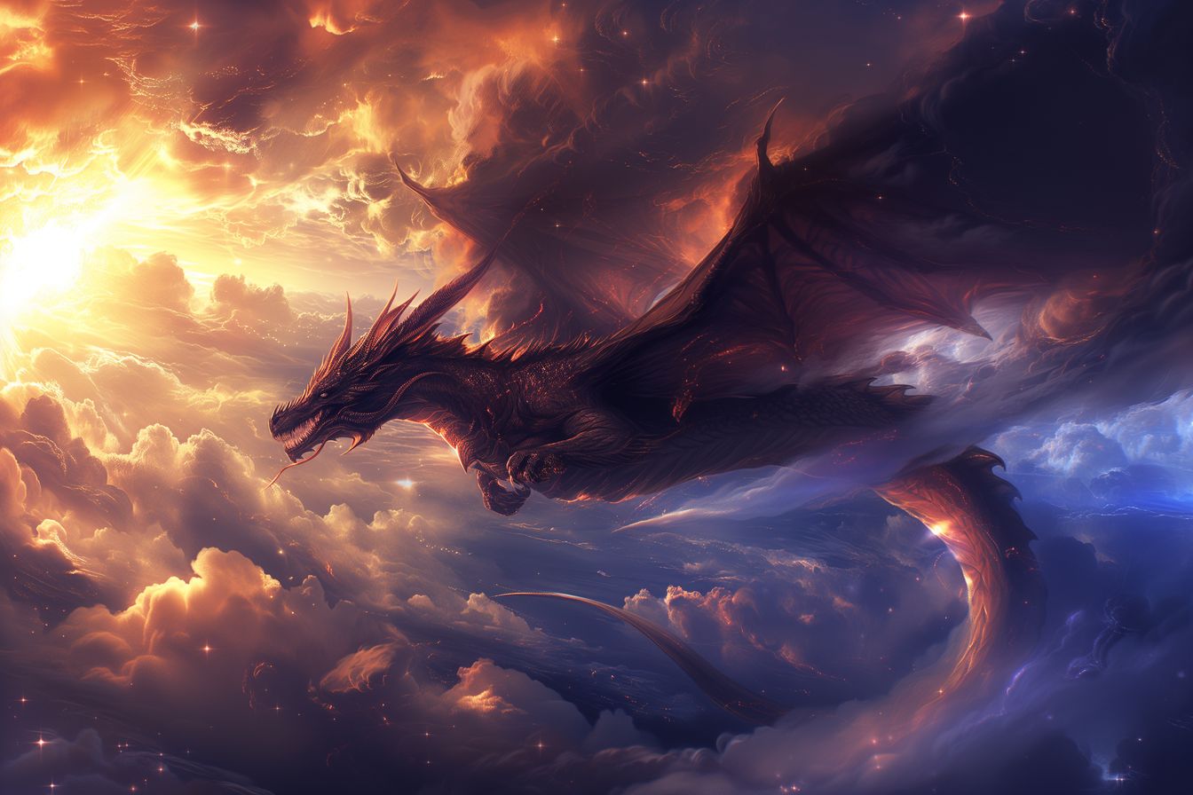 "Majesty at Dusk" - A stunning depiction of a majestic dragon flying at dusk, with vibrant sunset colors and deep night shadows creating a dramatic scene.