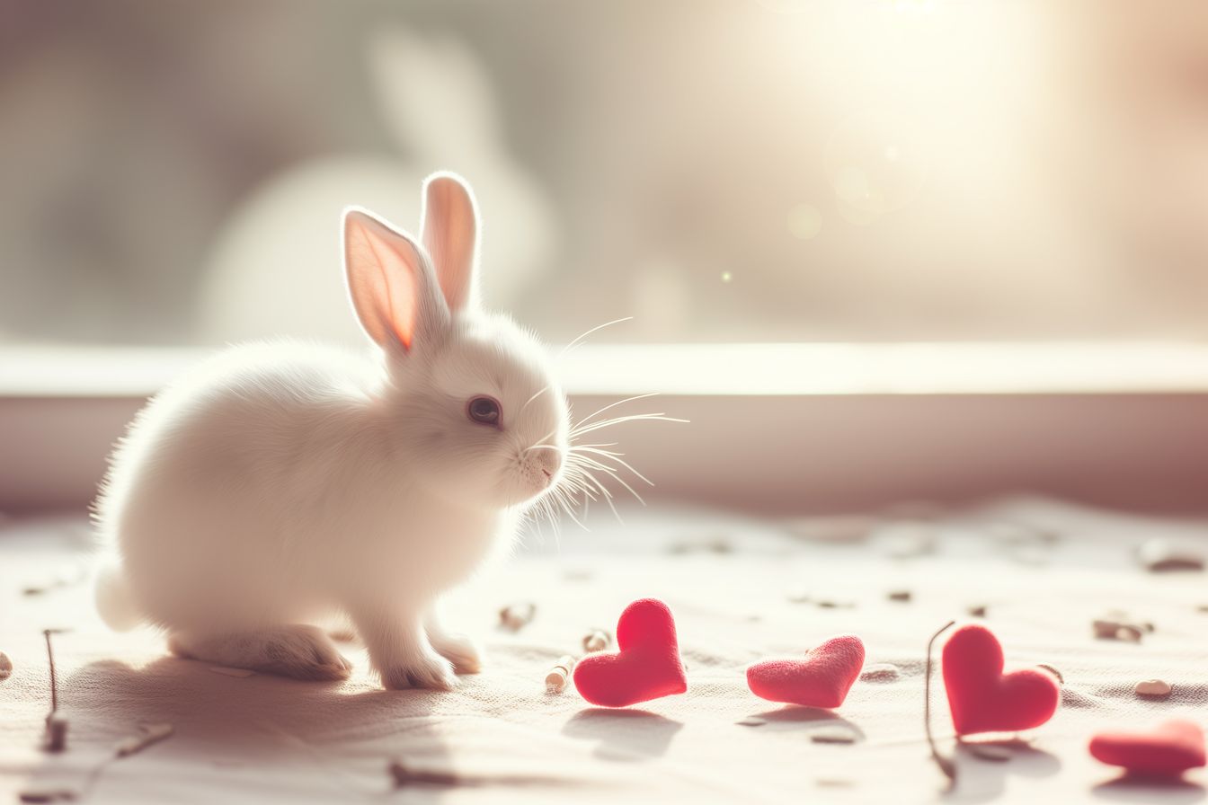 "Sunrise Serenade" - A charming white bunny in soft sunrise light, surrounded by heart-shaped trinkets, capturing the beauty of a new dawn.