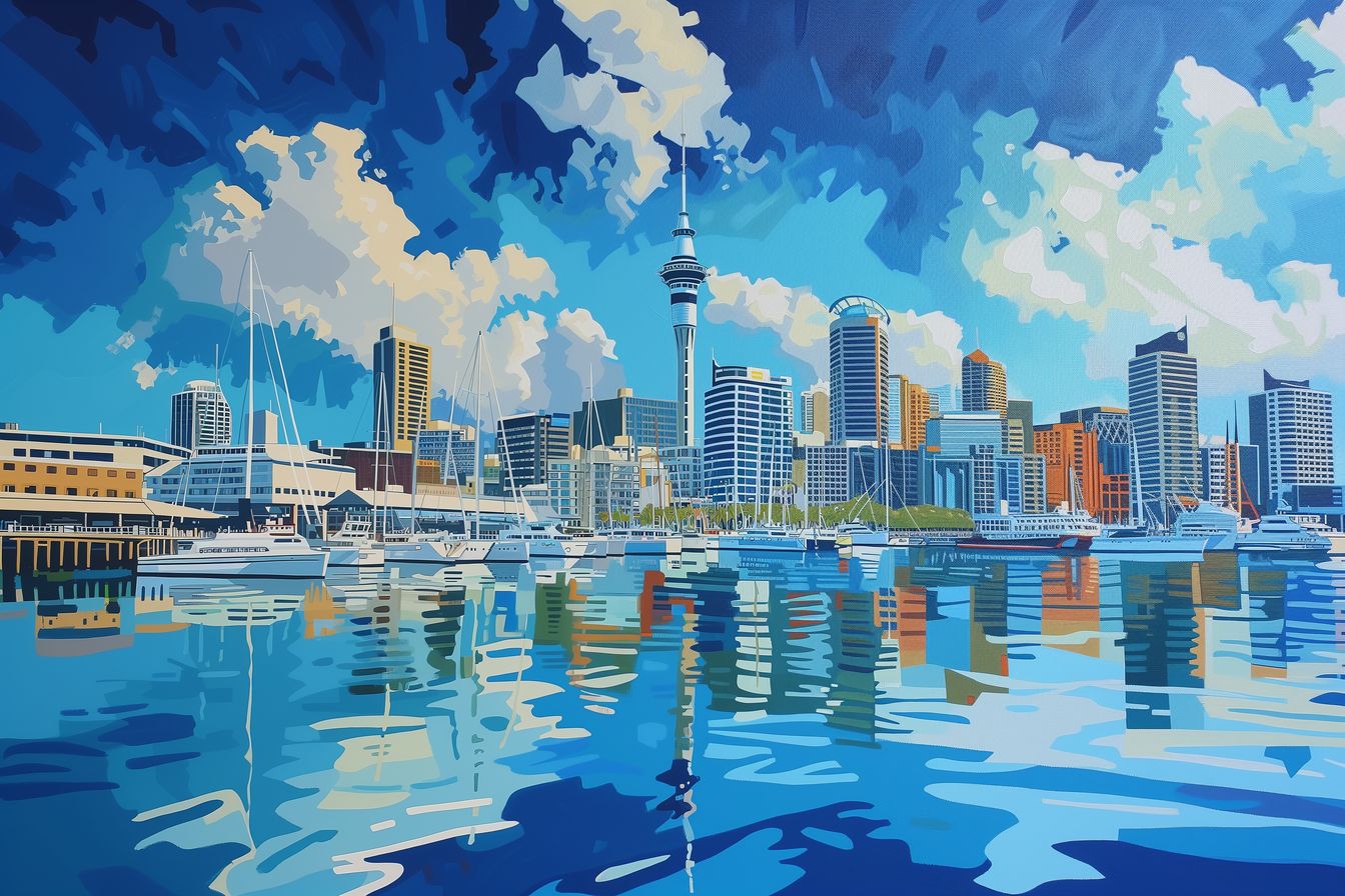 "Azure Reflections" - A vibrant cityscape and marina captured in bright hues and mirrored in calm waters, blending urban life and natural beauty.