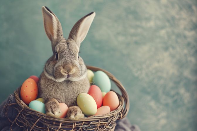 Lifelike depiction of a rabbit nestled in a basket with pastel-colored Easter eggs, perfect for festive decor.