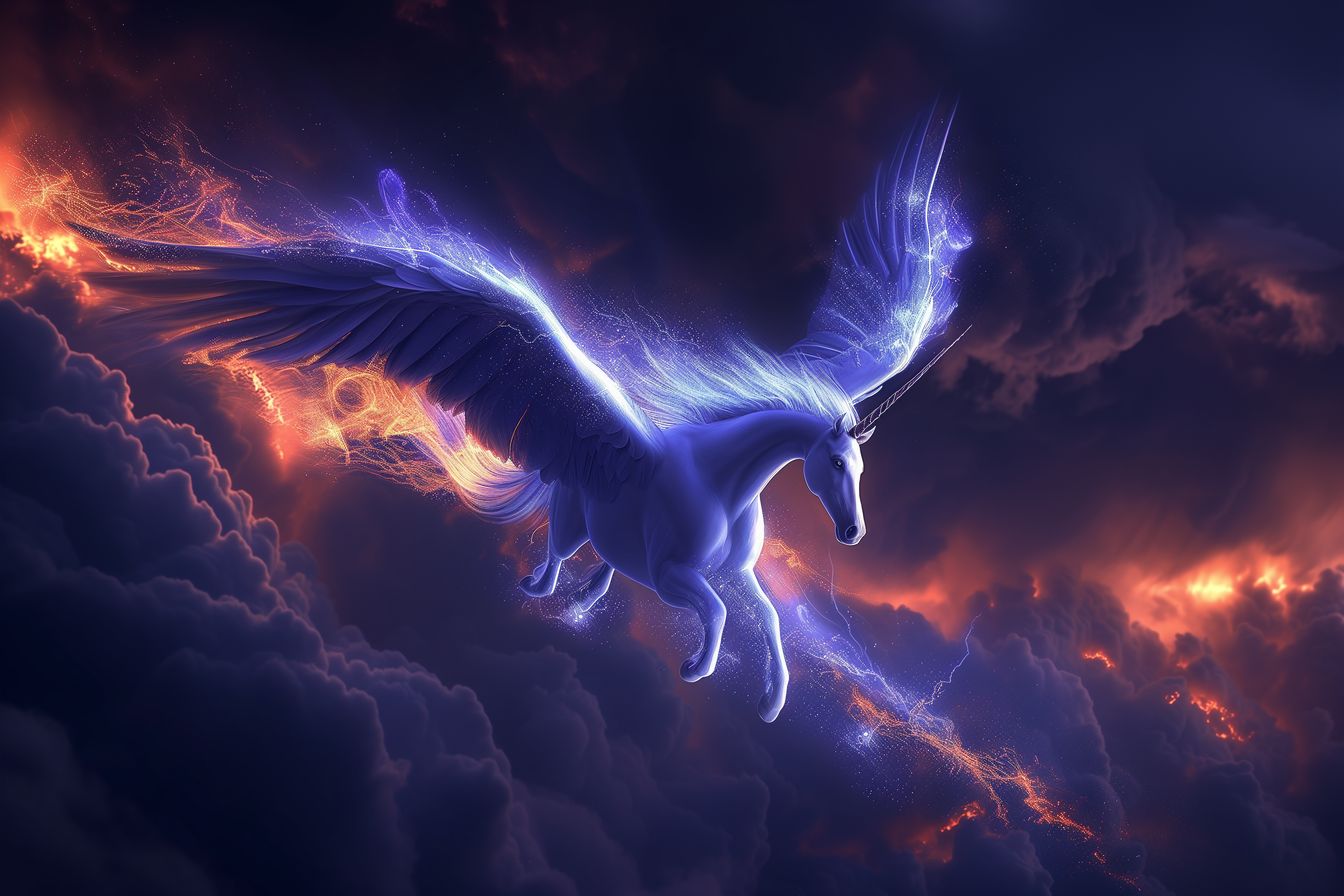 Fantasy artwork of a Pegasus in flight during twilight, its radiant horn and glowing wings creating an enchanting scene.