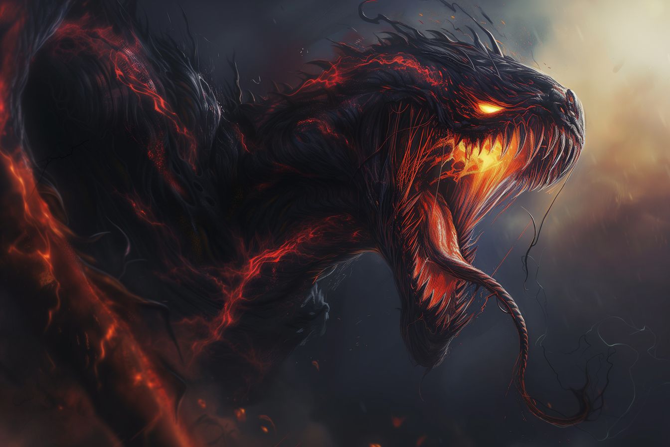 Dramatic depiction of a mythical creature in Ember's Wrath, showcasing its fierce expression and engulfing flames