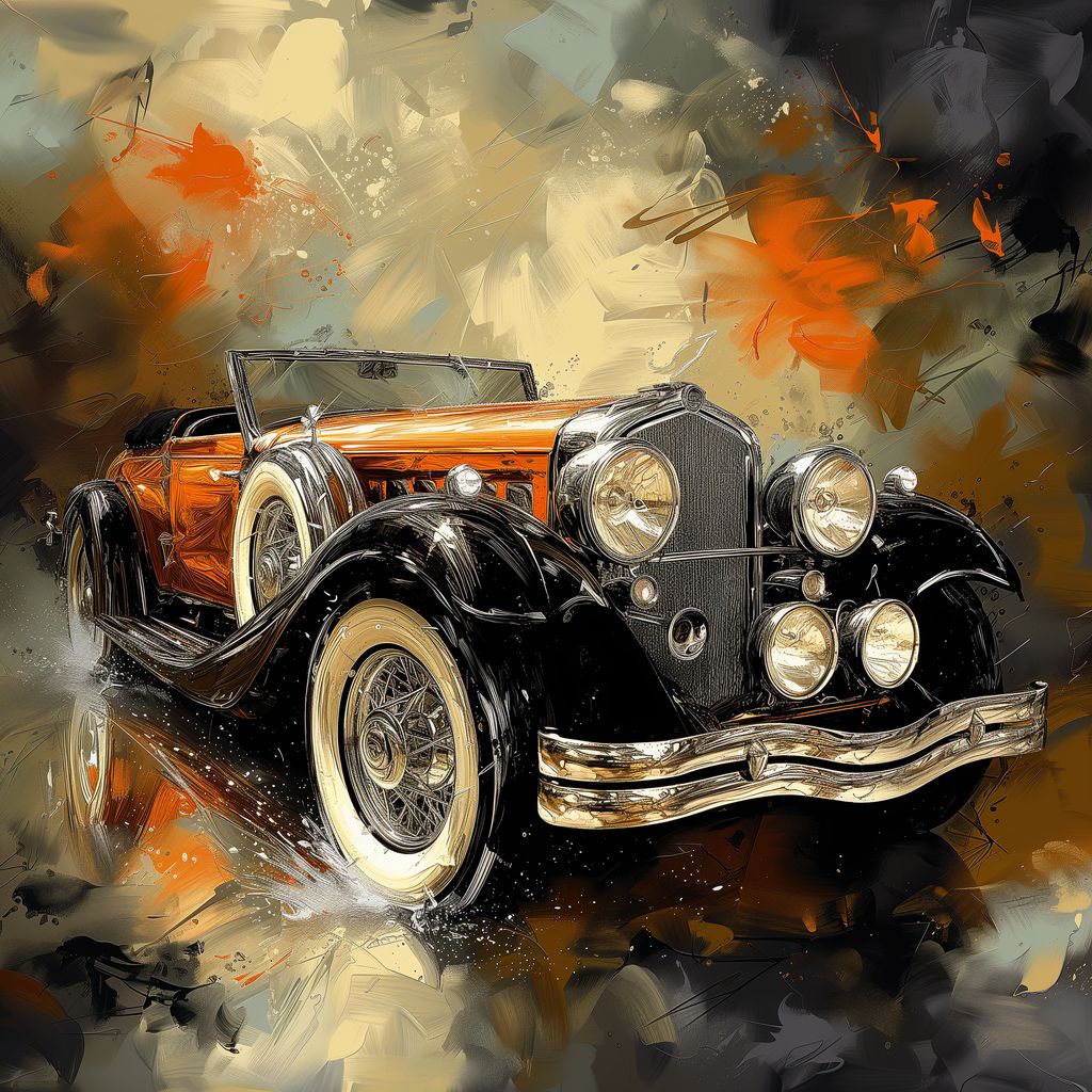 Elegant depiction of a classic car in Golden Era Glamour, capturing the essence of the roaring twenties with a modern twist