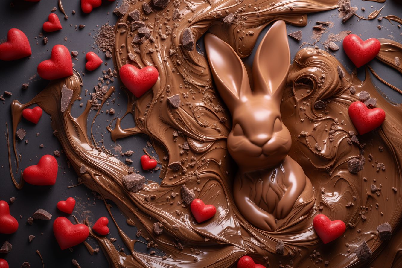 Delightful depiction of a chocolate bunny surrounded by playful candies and rich chocolate swirls in Enchanted Chocolate Haven