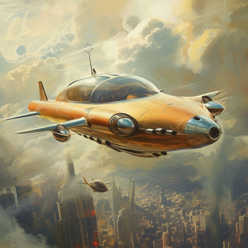 Detailed depiction of a futuristic scene with a sleek flying car navigating a bustling metropolis in Golden Horizons