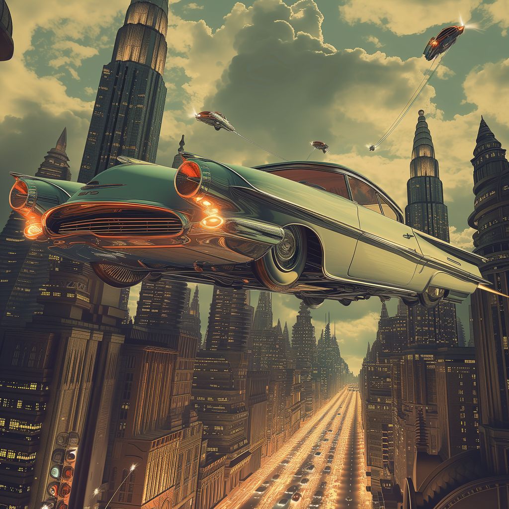 Detailed depiction of a retro-futuristic scene with a vintage car gliding through the skies of a modern metropolis