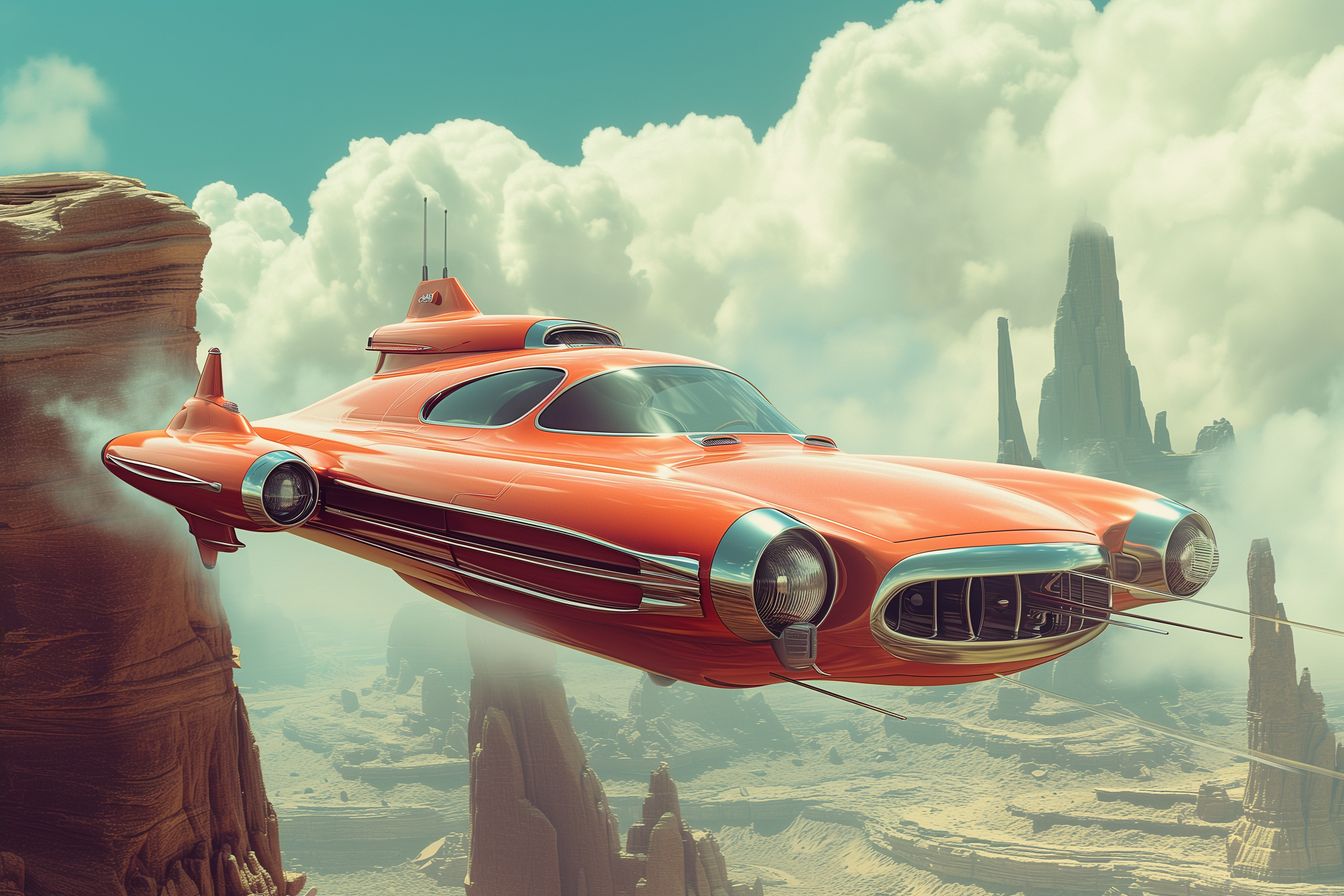 Futuristic orange flying car gliding through the sky over a rugged desert terrain, blending vintage design with a modern, adventurous twist