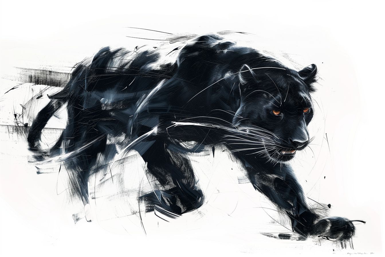 Striking black and white art of a black panther prowling, showcasing its muscular form and intense gaze in a powerful composition