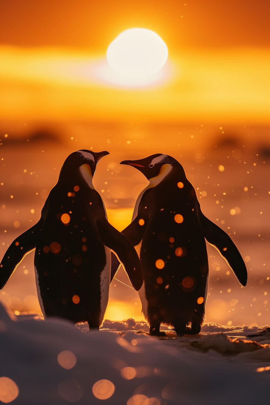 Two penguins standing close together at sunset, bathed in golden light, creating a heartwarming and romantic scene in the snow