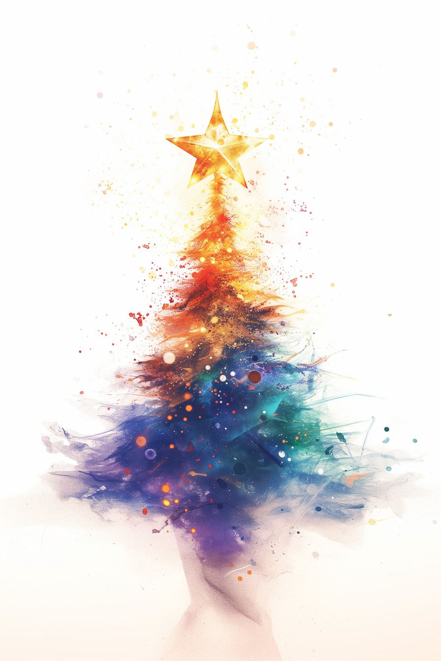 Ethereal Christmas tree made of cosmic dust and colors, crowned with a glowing star, evoking holiday magic and wonder.