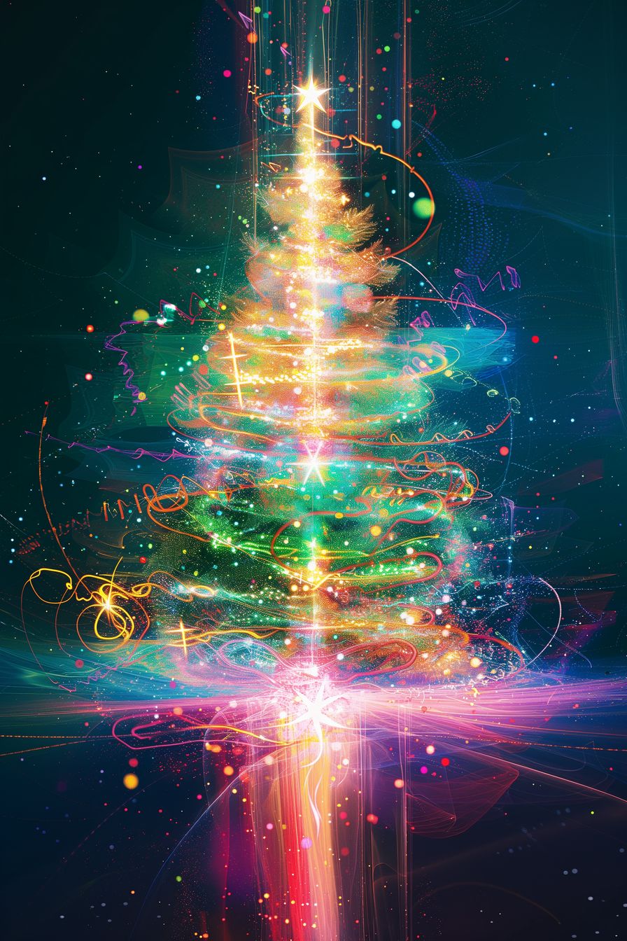 Ethereal Christmas tree made of cosmic dust and colors, crowned with a glowing star, evoking holiday magic and wonder.