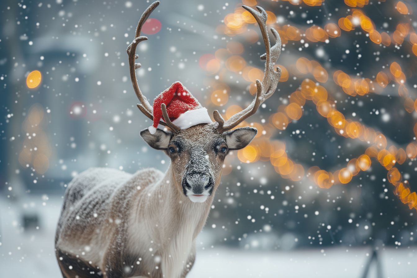 Enchanting winter scene featuring a reindeer with a Santa hat, surrounded by snowflakes and festive lights.