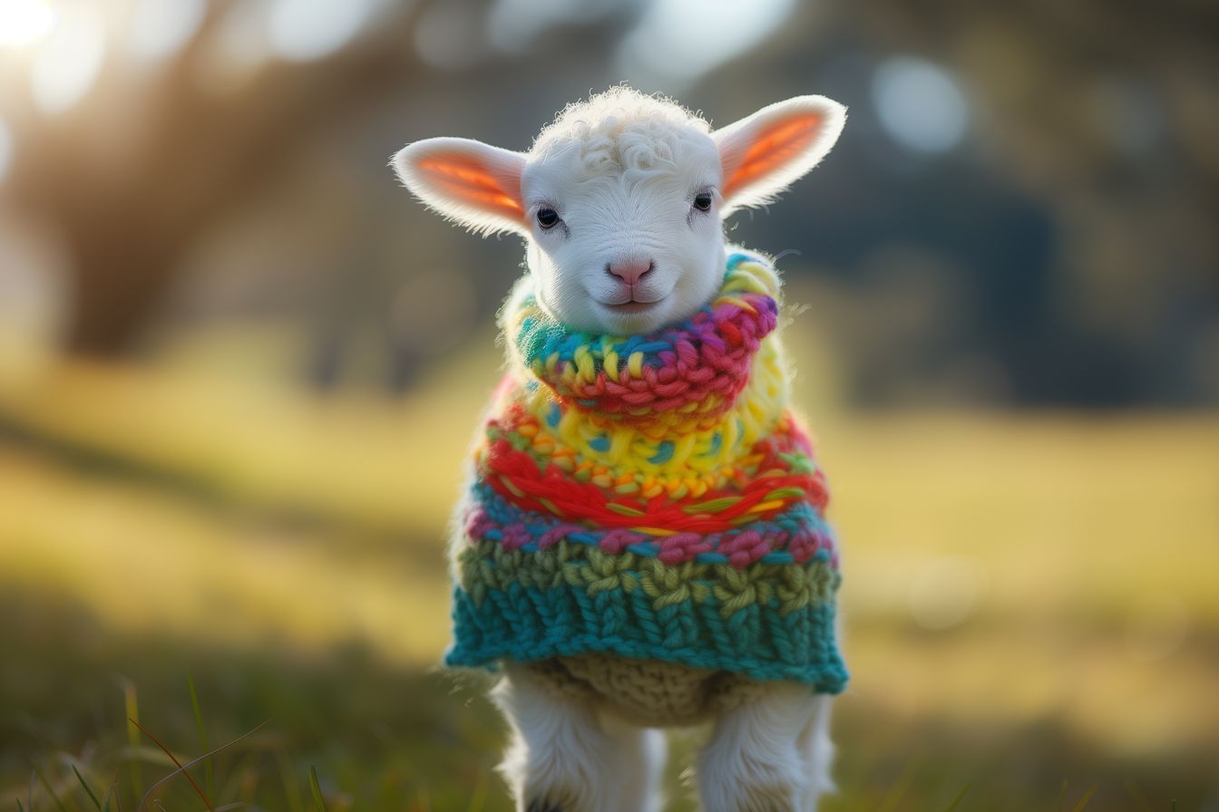 Adorable lamb in a vibrant, cozy sweater, bathed in soft morning light, set against a tranquil meadow background.