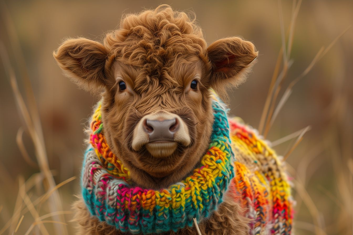 Adorable calf in a vibrant, cozy sweater, set against a serene, earthy background, evoking warmth and charm.