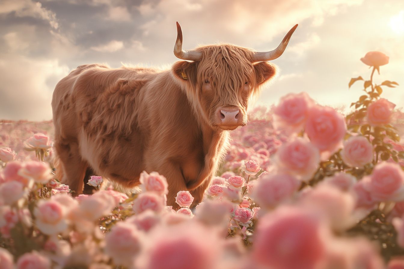 Enchanting artwork of a cow in a field of pink roses, with warm tones and gentle expression, evoking peace and tranquility.