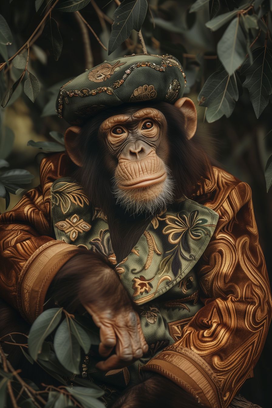 Captivating artwork of a chimpanzee in opulent robes, blending the worlds of nature and human elegance.