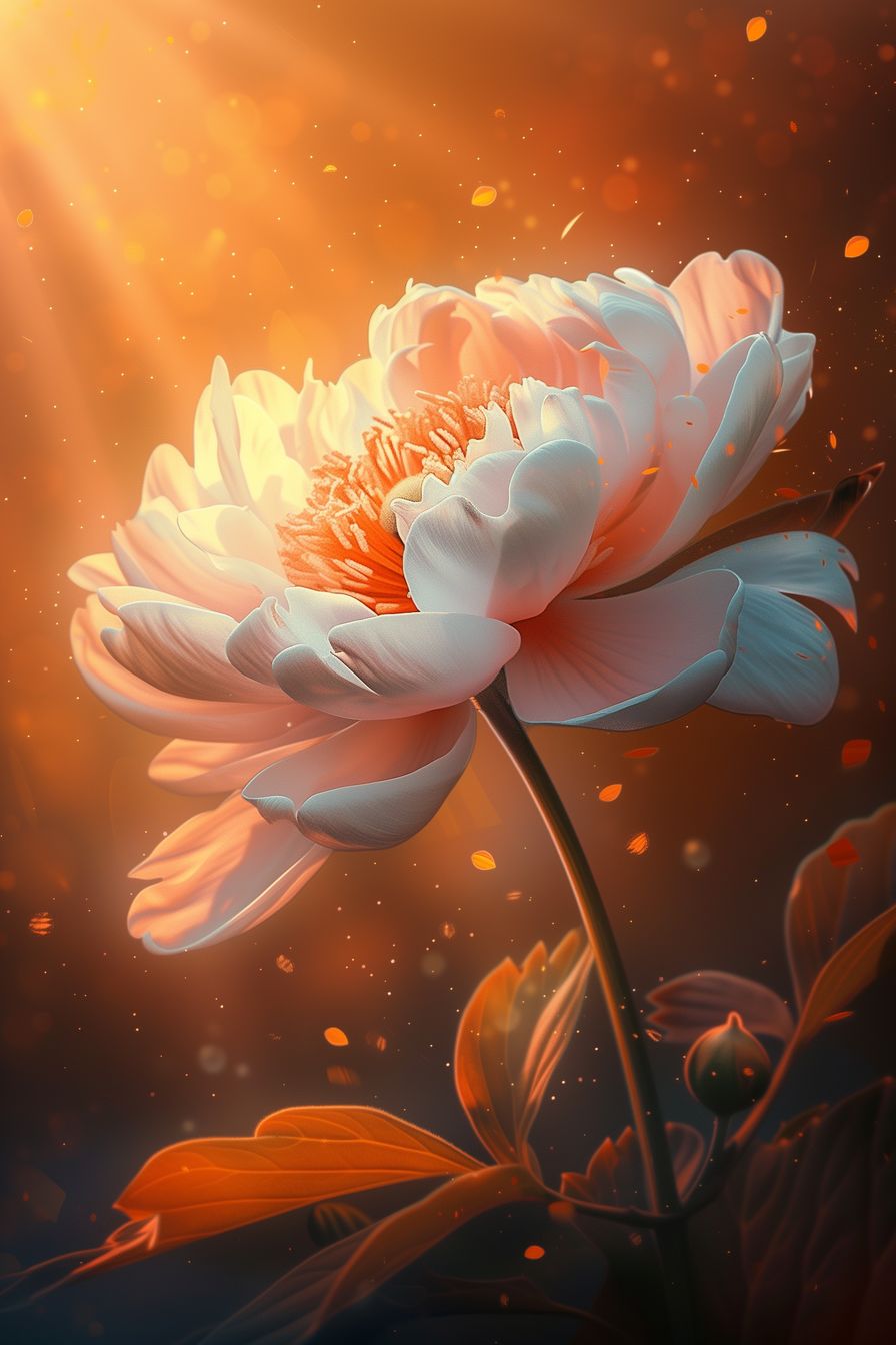 Captivating artwork of a flower glowing in sunlight, with intricate details and a dark, dreamy background, evoking a sense of tranquility and awe.