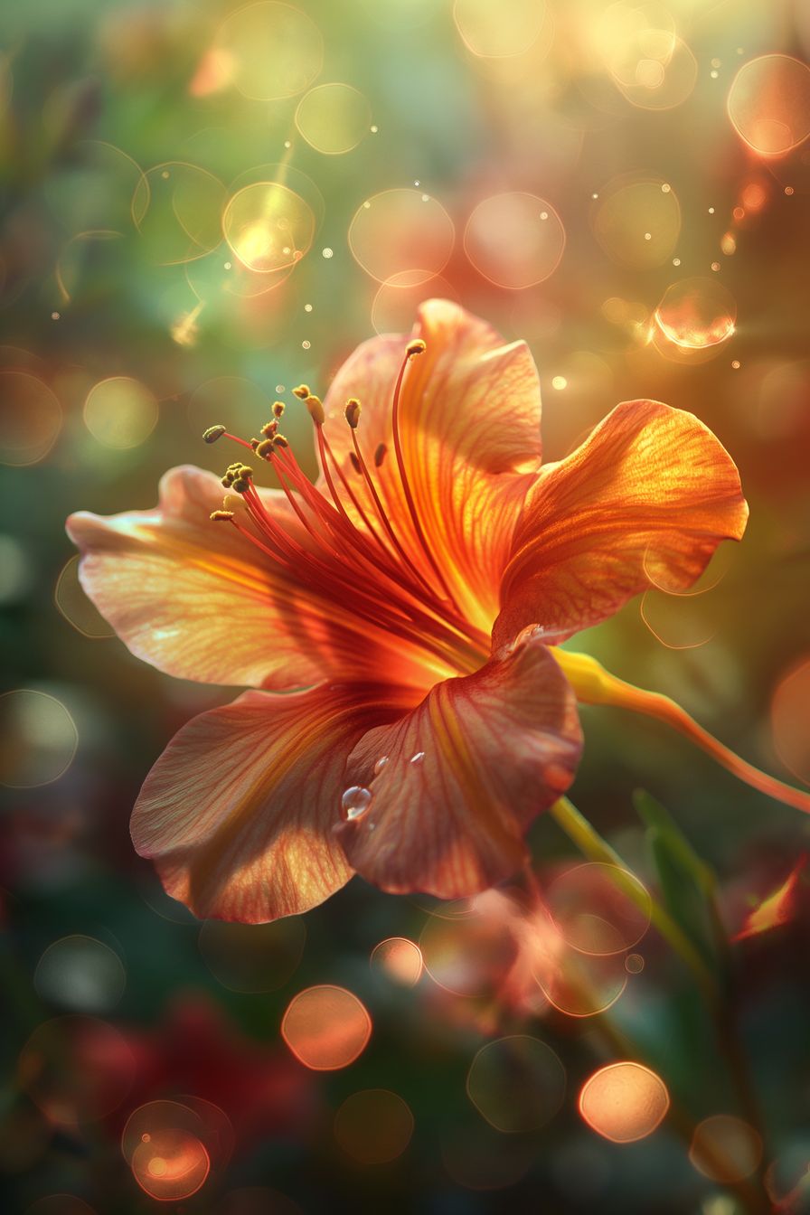 Captivating artwork of a flower glowing in the morning sun, with intricate details and a dreamlike background, evoking a sense of peace and wonder.