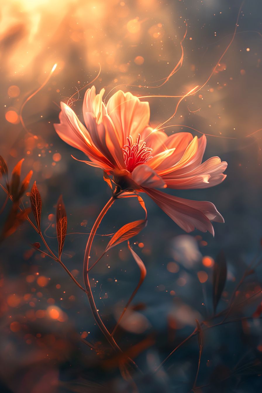 Captivating artwork of a flower illuminated by a gentle glow, with intricate details and a dark, dreamy background, evoking a sense of timeless beauty.