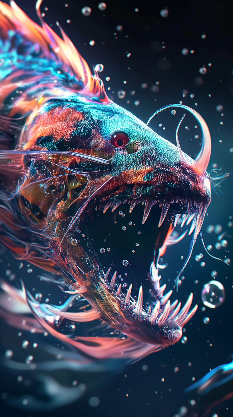 Captivating artwork of a fierce sea creature with glowing scales and a powerful presence, embodying the untamed beauty of the ocean's abyss.