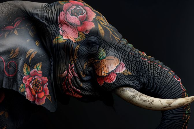 Captivating artwork of an elephant with vibrant flowers etched into its skin, symbolizing the harmony between nature's diverse elements.