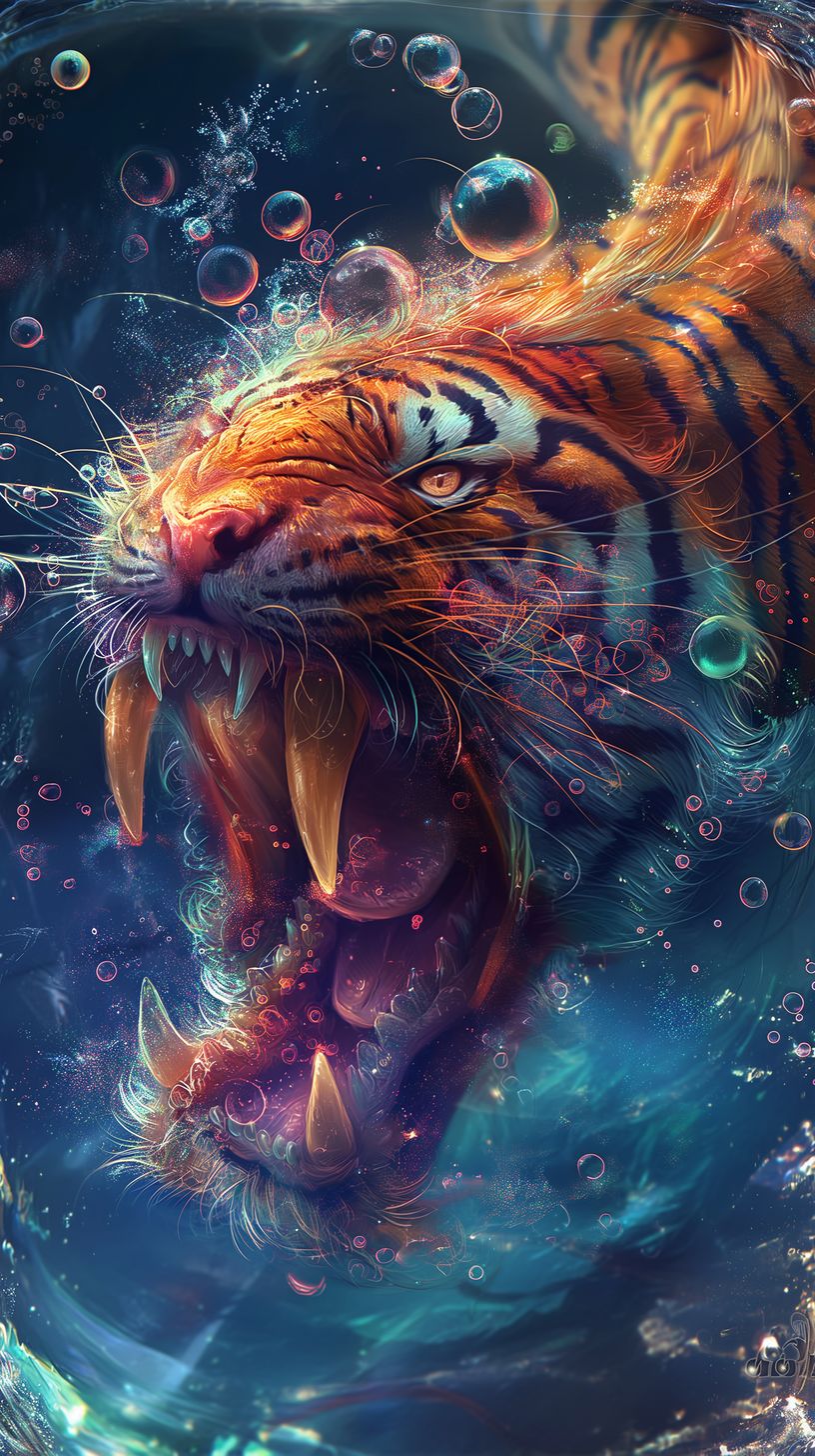 Captivating artwork of a fierce tiger in motion underwater, showcasing its strength and grace against a swirling blue backdrop.