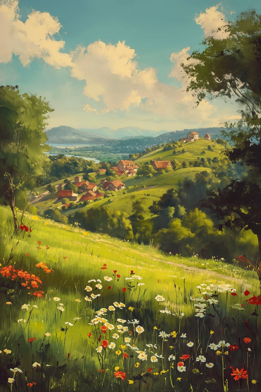 Captivating artwork of a serene rural landscape, featuring lush green hills, colorful wildflowers, and cozy cottages bathed in warm sunlight.