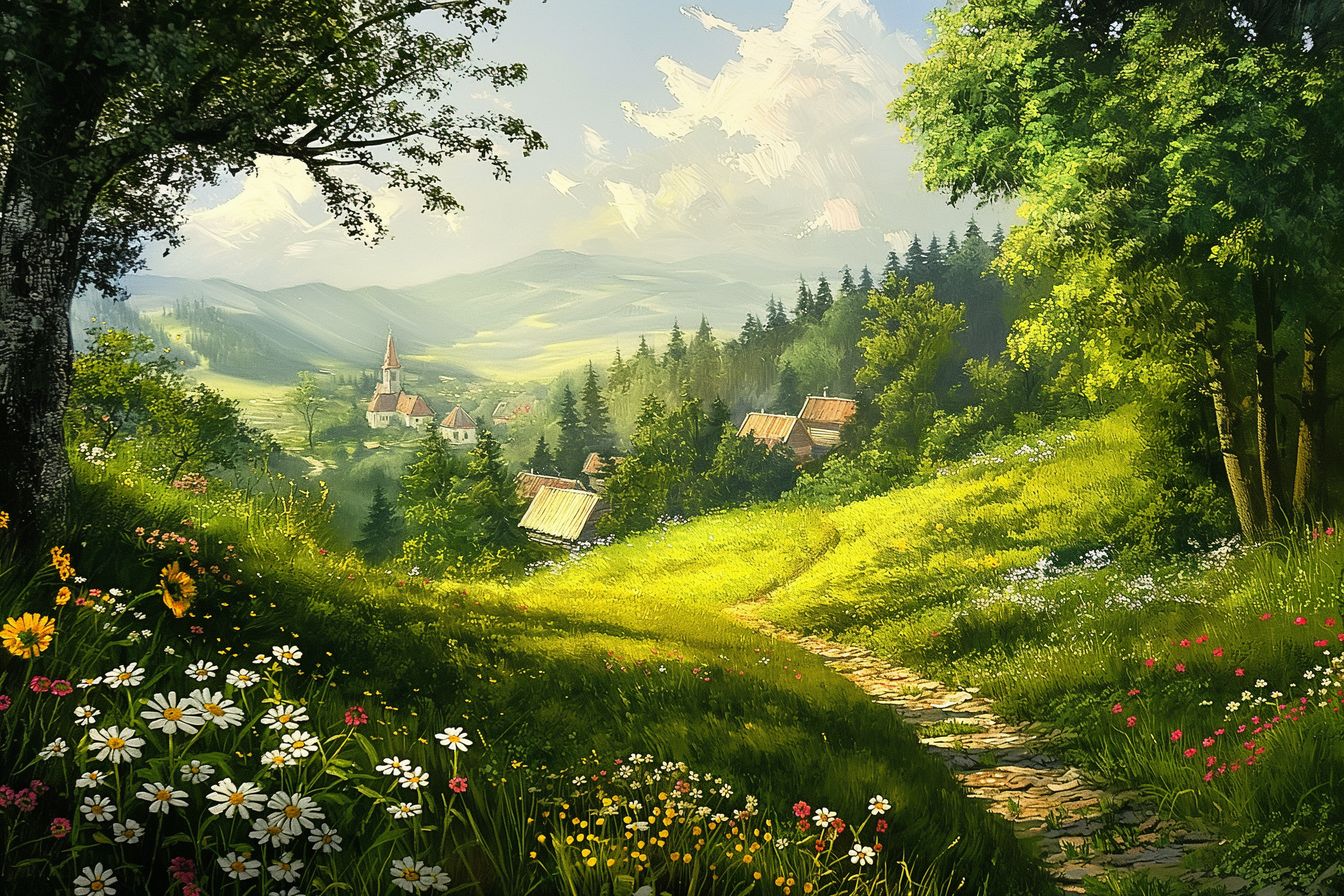 Captivating artwork of an idyllic countryside landscape, featuring a quaint village, winding path, and distant mountains, all bathed in warm sunlight.