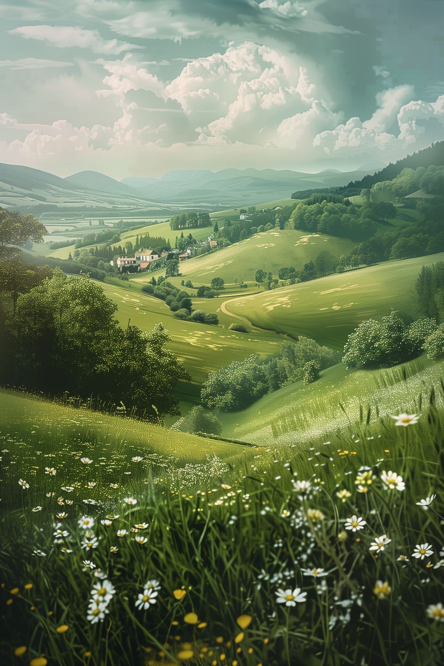 Captivating artwork of a peaceful rural scene, featuring verdant meadows, a distant village, and blooming wildflowers bathed in gentle sunlight.