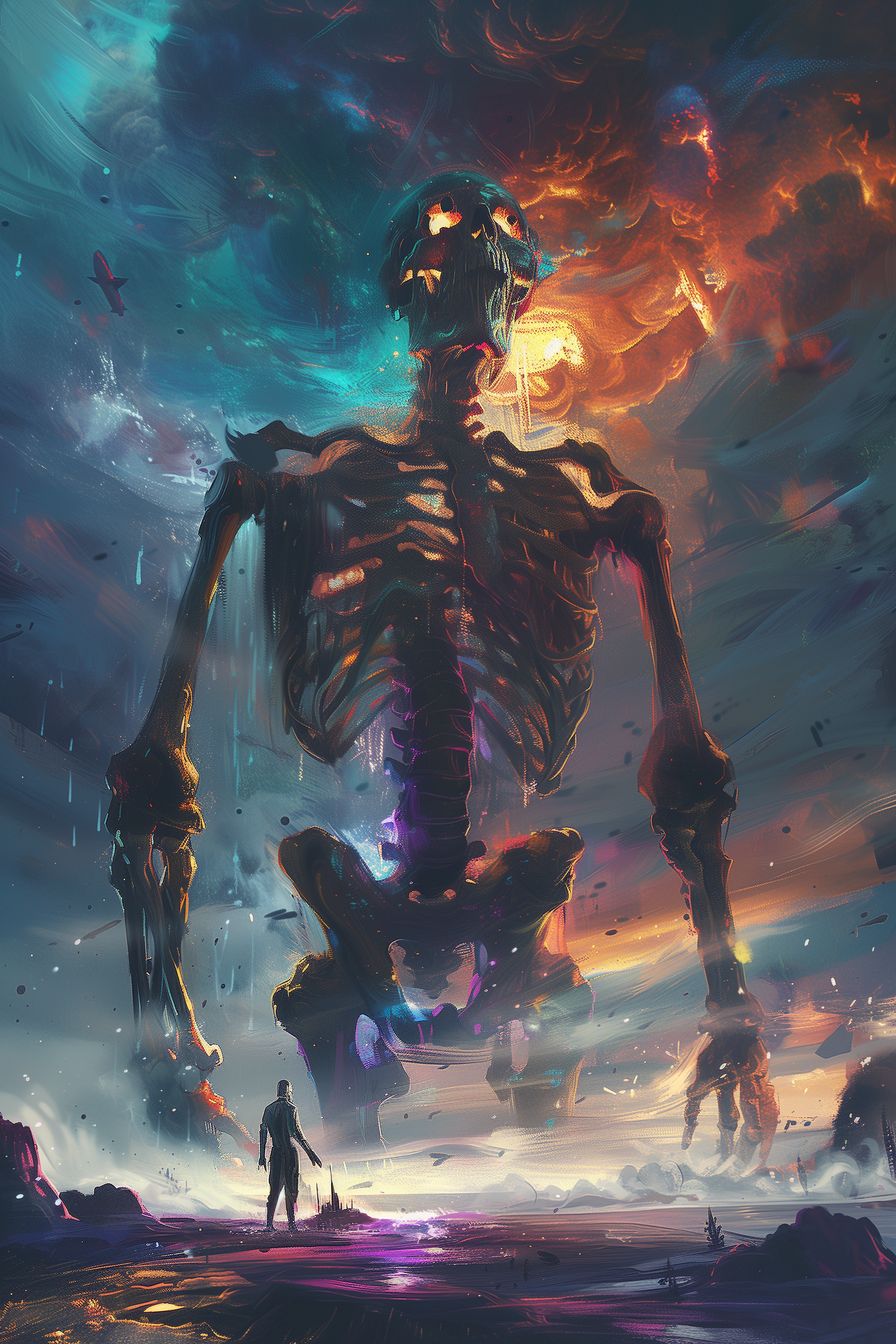 Ethereal Rebirth: A giant skeletal form in a vibrant, otherworldly sky, symbolizing the cycle of destruction and creation.