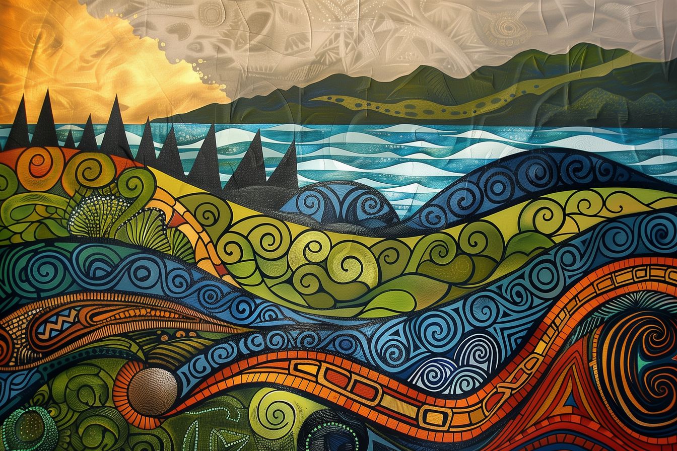 Whispering Waves: A dynamic composition of nature's harmony, blending land, sea, and sky in vivid colors.