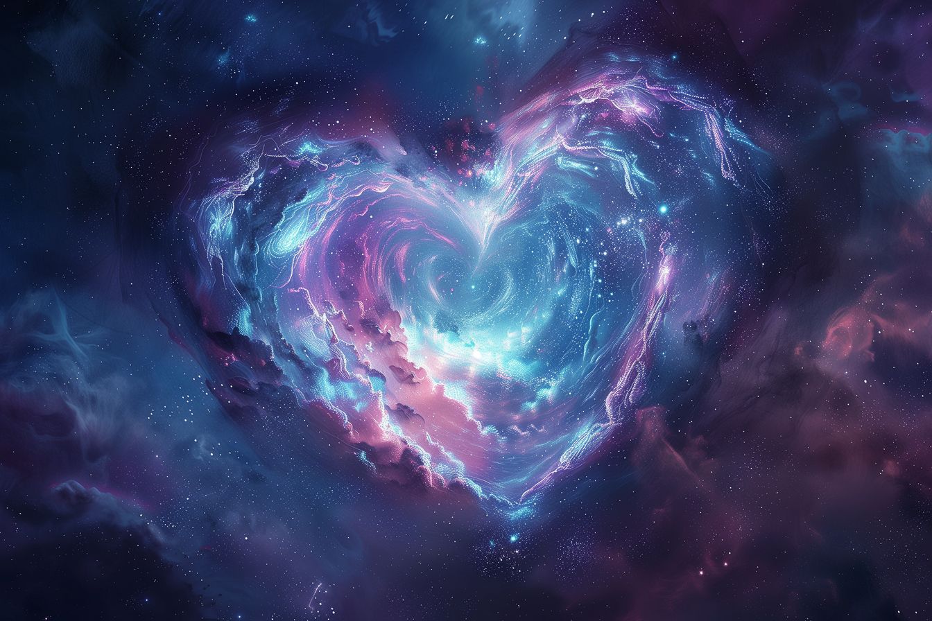 A mesmerizing cosmic scene featuring a heart-shaped nebula and a multitude of stars, symbolizing universal love and connection.