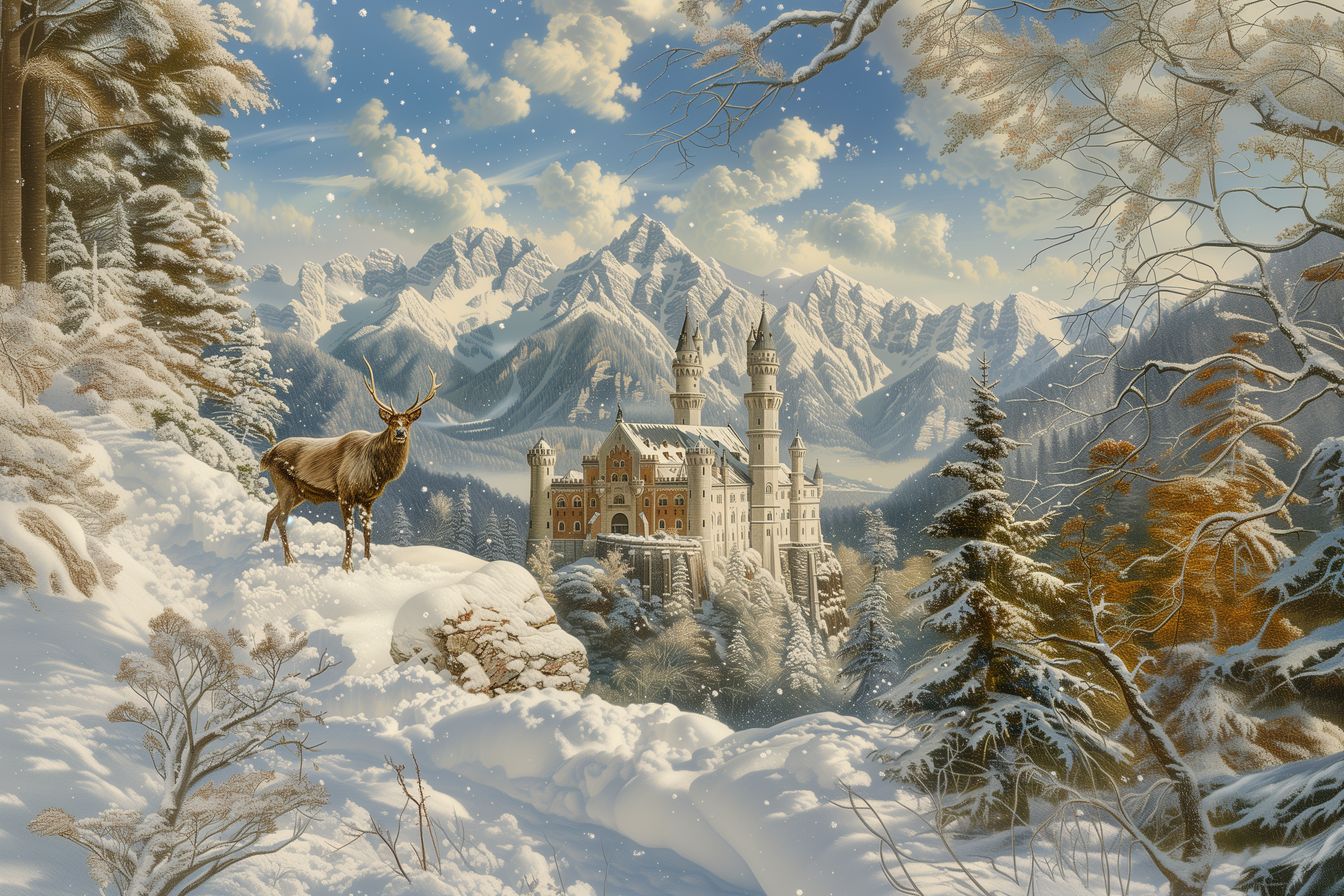 Enchanting winter scene featuring a grand castle, snow-covered trees, and a majestic stag against a backdrop of mountains.