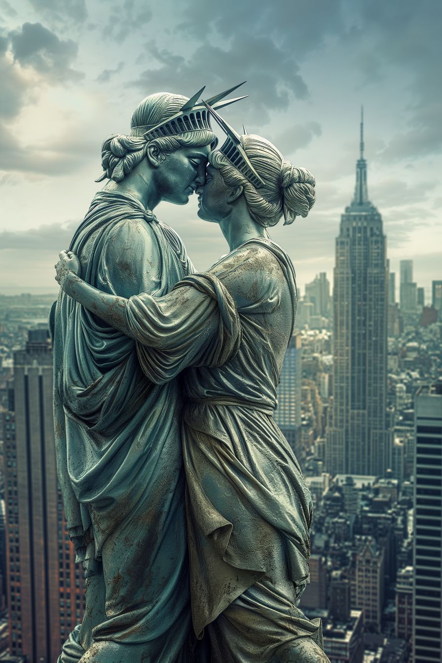 Romantic scene featuring two iconic statues in an embrace with the New York City skyline as the backdrop.