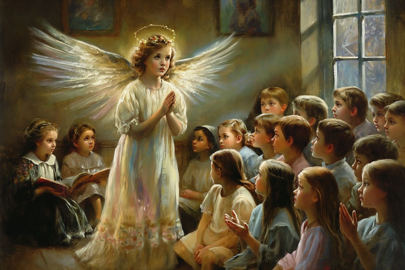 Celestial scene featuring an angelic child guiding and inspiring a group of children.