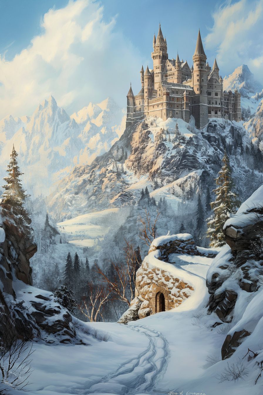 Serene winter scene featuring a grand medieval castle overlooking a snow-covered path.