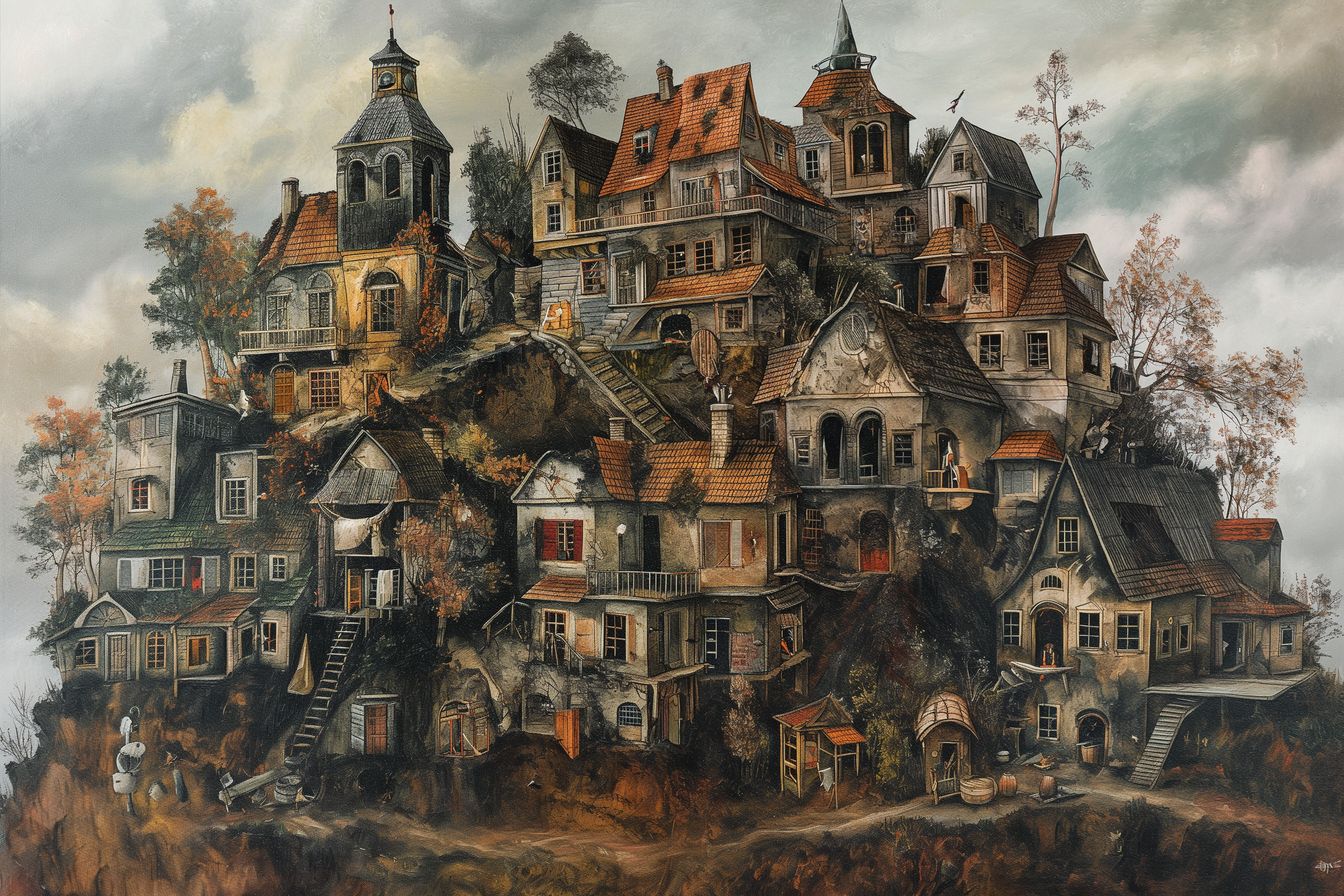 Enchanting scene of a quaint village on a cliff, with eclectic architecture and warm hues.