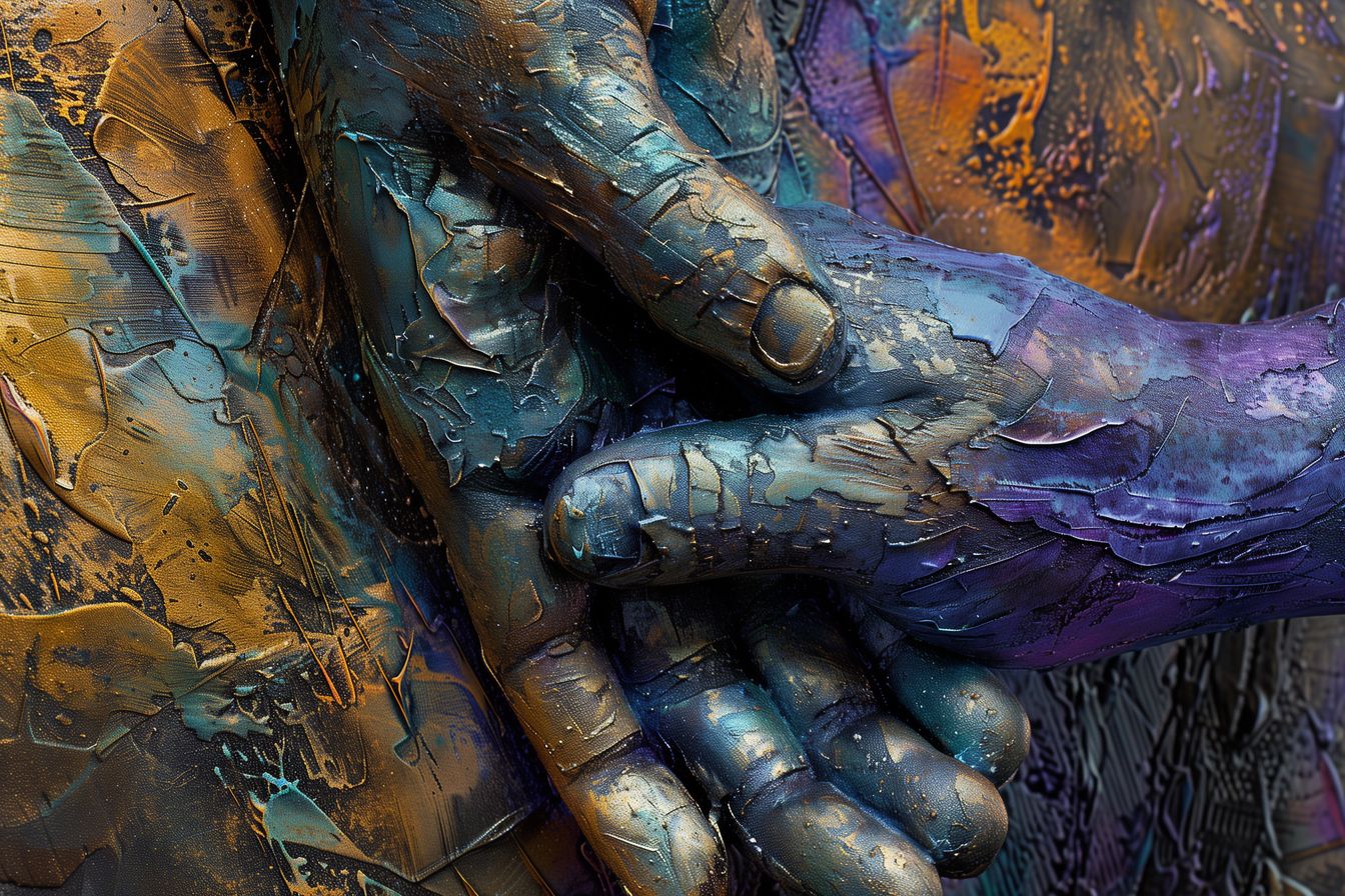 Enhance your space with "Embrace of Chroma," featuring an abstract depiction of unity through colorful, textured hands.