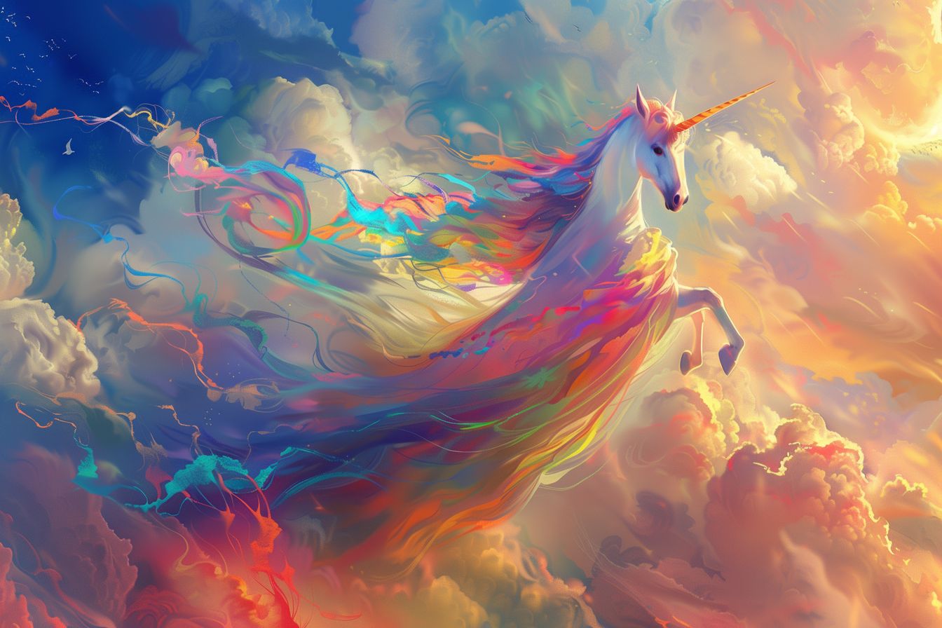 Ethereal artwork of a unicorn flying through a brilliantly colored sky, capturing a sense of magic and wonder.