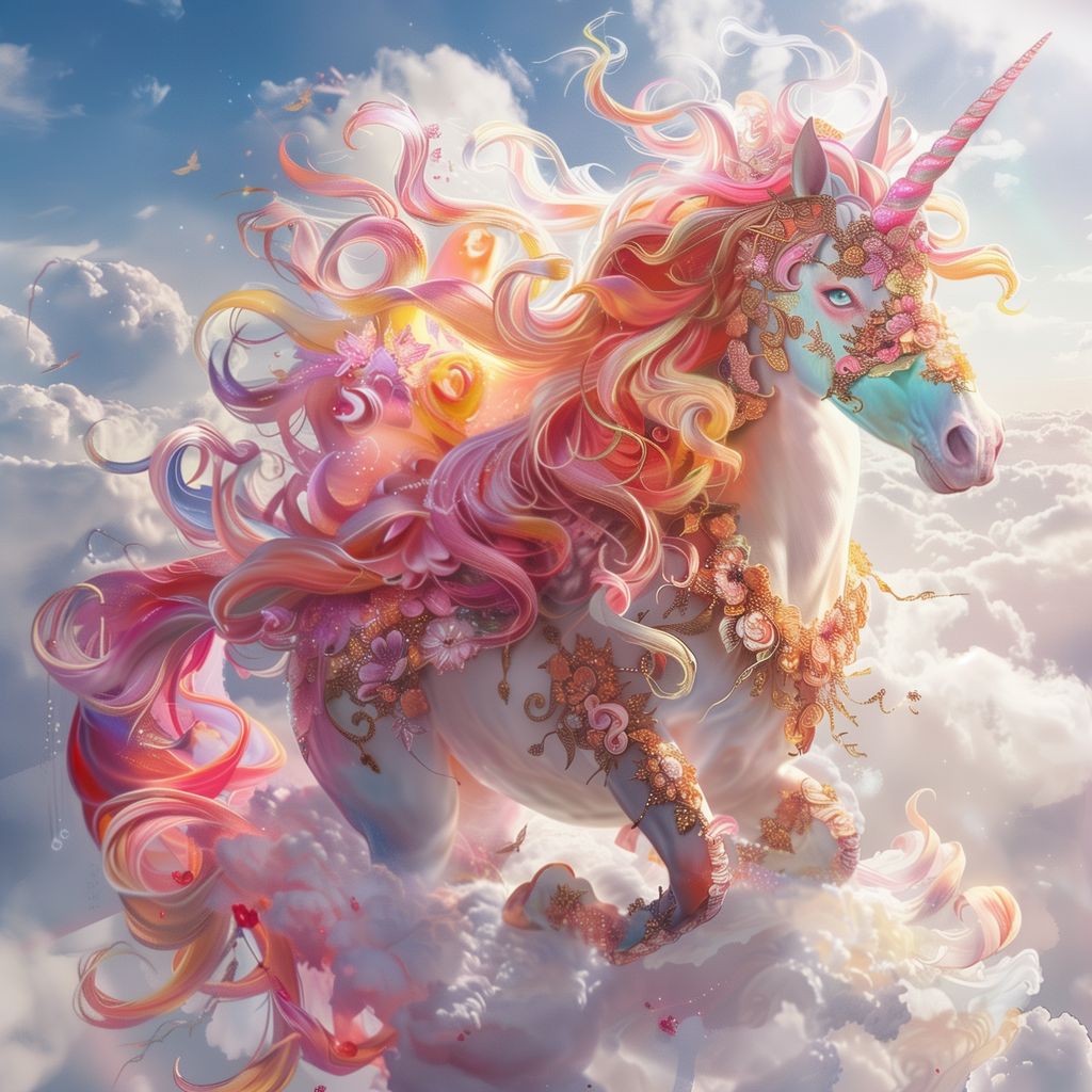 Ethereal artwork featuring a unicorn with a rainbow mane and floral accents, floating through a serene, cloud-covered sky.