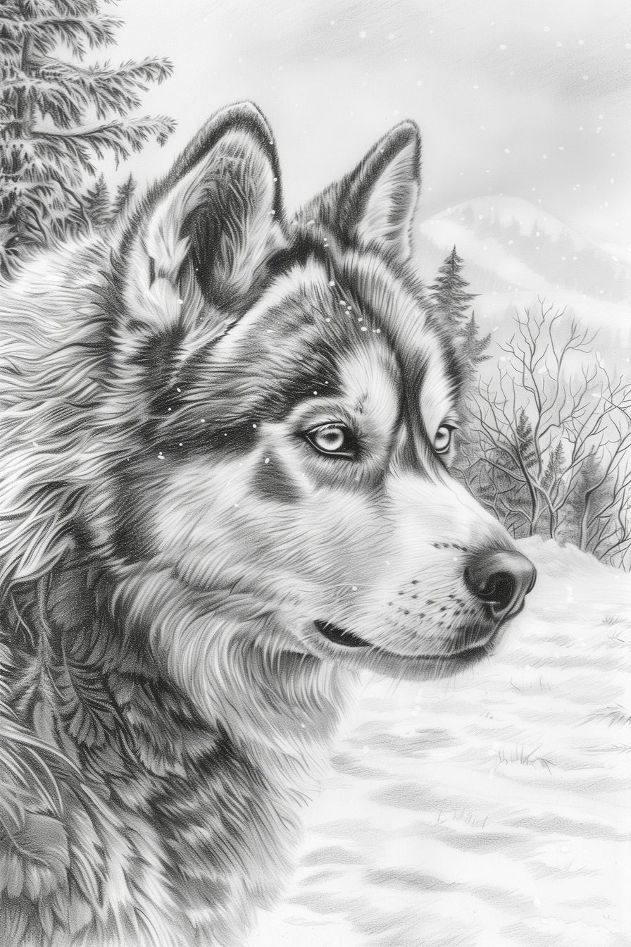 Captivating black-and-white artwork featuring a wolf in a serene winter setting, evoking a sense of calm and vigilance.